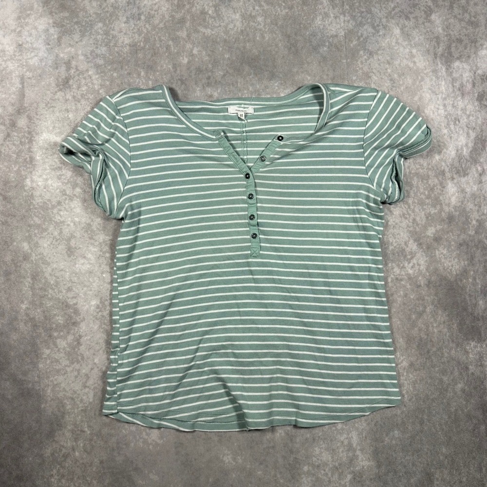 Maurices Womens Green Striped Ribbed Henley Short Sleeve Top Size L Casual Boho